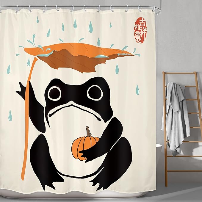 LGhtyro Funny Frog Shower Curtain Bathroom Set 60Wx71H Inches Pumpkin Asian Traditional Art Japanese Cute Animal Taking Maple Leaves Rain Bath Accessories Lovely Art Home Decor Fabric 12 Pack Hooks