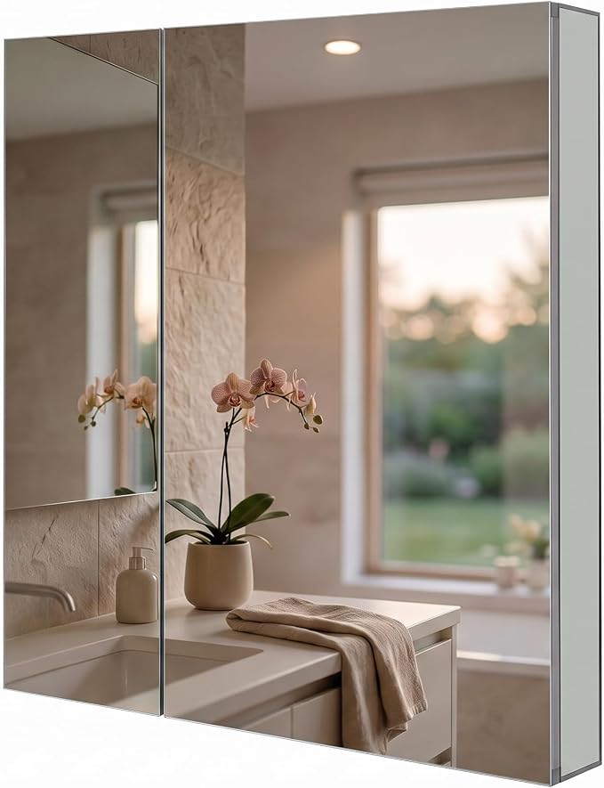 Bathroom Medicine Cabinet, Aluminum, Recessed/Surface Mount, 30" x 36", Right/Left Hinged, Mirrored Interior