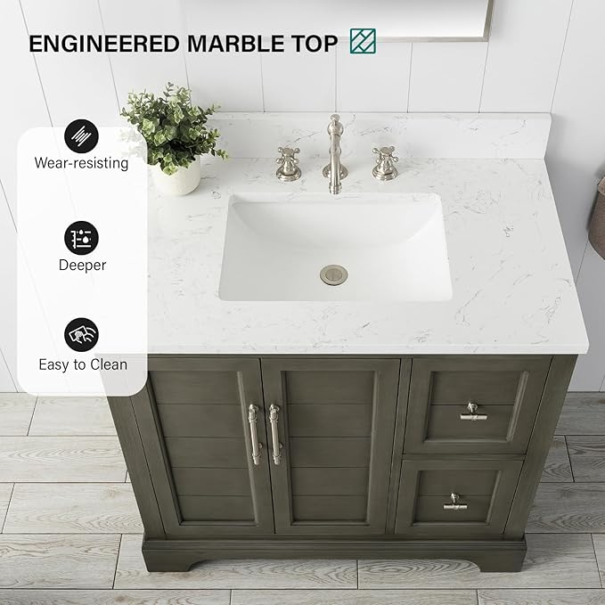 HOMEBEYOND 36 Inch Bathroom Vanity with Single Sink & Ceramic Top, Vanity Cabinet with Center Countertop Basin, Soft-Closing Doors, Backsplash,Sliver Grey