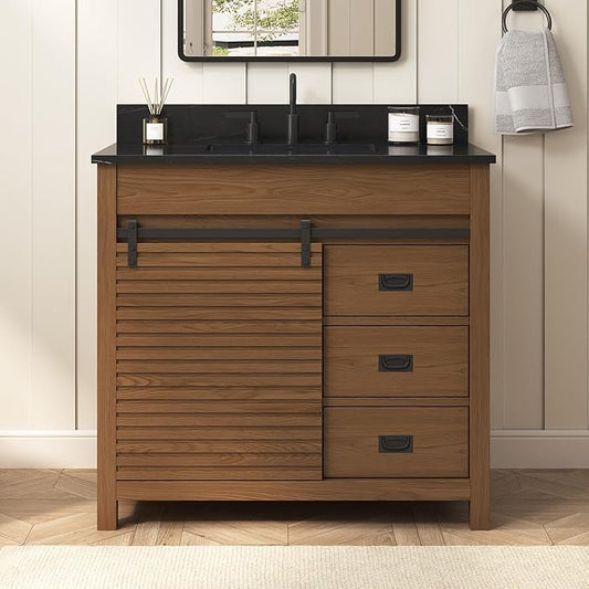 36 Inch Bathroom Vanity with Sink, Farmhouse Solid Wood Frame Vanity with Sink, Sliding Barn Door Bathroom Storage Cabinet with Soft-Closing Dovetail Drawers, Brown Oak