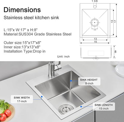 15"x17" Drop-In Single Bowl Bar Sink 304 Stainless Steel | 15"x17" Drop-in Sink | 304 SS | Topmount | Single Bowl | Single Faucet Hole | 8" Deep Basin | Brushed | Bar/Coffee Station