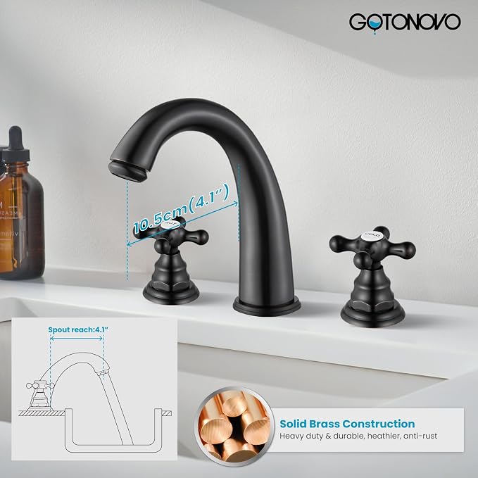 gotonovo Widespread Bathroom Sink Faucet 3 Hole Oil Rubbed Bronze,H&C Label | Vintage 8’’ Bathroom Faucet,2 Cross Handle,6-16’’ Sink,Vanity,RV,Farmhouse,SUS304,24’’ cUPC Hose,Pop Up Drain,Deck Mount