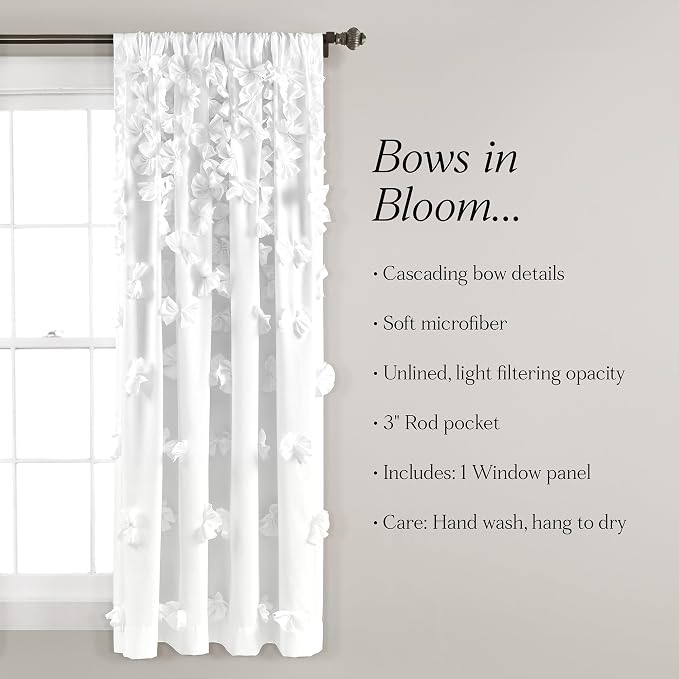 Lush Decor Riley Light Filtering Window Curtain Panel, Single 54" W x 63" L, White - Cute White Curtains for Bedroom - Bow Decor - Coquette Curtains for Windows (Pack of 4)