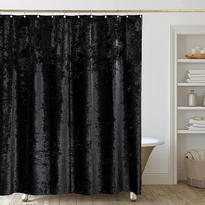 TAMGHO Extra Long Shower Curtain 84 inch Height, Crushed Velvet Tall Bathroom Curtain Set with 12 Gold Hooks, Luxury Thick Fabric, Machine Washable 72W x 84H, Black