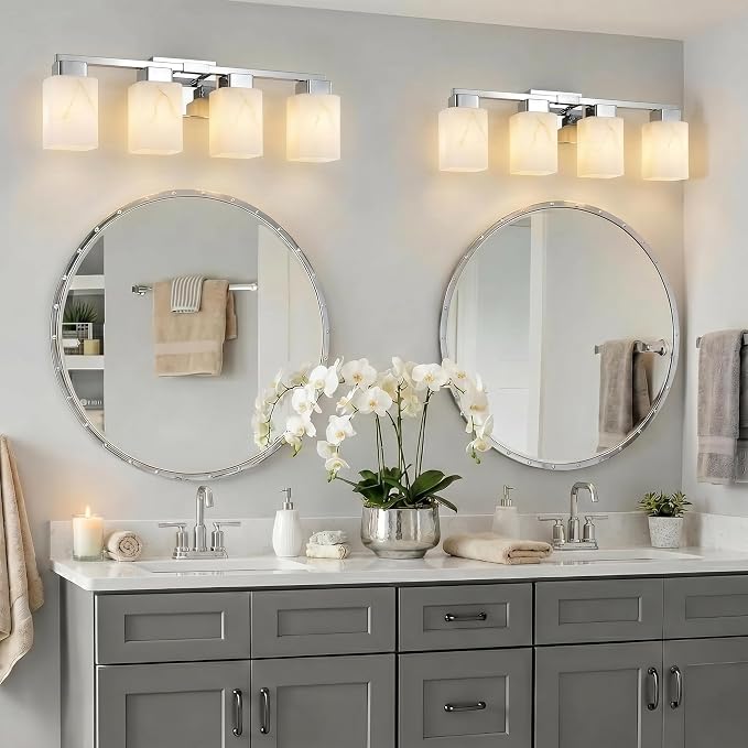 4-Light Square Bathroom Light Fixture, Chrome Modern Vanity Light with White Marble Glass Shade, for Bathroom Mirror, Living Room, Bedroom, Hallway, E26 Base