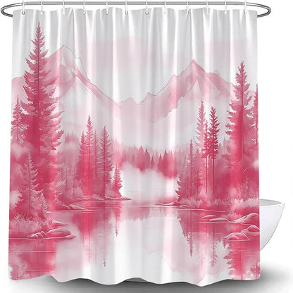 Pink Misty Forest Shower Curtain Mountain Foggy Pine Trees Landscape Watercolor Jungle Plant Rustic Nature Scenery Lake Fabric Bathroom Curtain Set with Hook