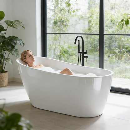 59 Inch Acrylic Freestanding Bathtub, Deep Soaking Tub with Non-Slip Base, cUPC Certified Free Standing Modern Bath Tub with Chrome Drain, Easy-Clean White Soaking Tub for Bathroom, Home Spa