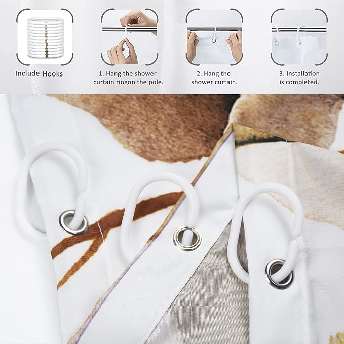 Brown Eucalyptus Leaf Long Shower Curtain, Brown Botanical Watercolor Plants Bathroom Curtain Bathtub Home Decor Waterproof Fabric Machine Washable with 12 PCS Hooks,72" Wx96 L