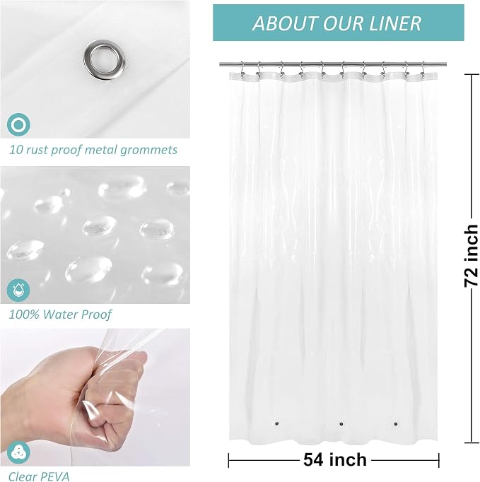 54x72 Stall Size Shower Curtain Liner Clear | 3 Bottom Magnets,10 Rustproof Grommets,Water Proof Heavy Duty PEVA,54W x 72H for Small Bathroom or Shower Stall