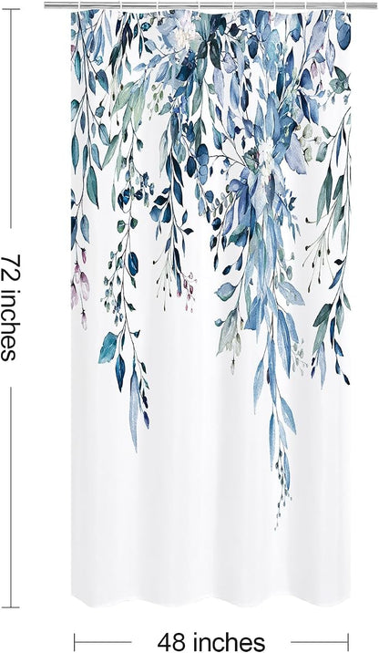 Blue Eucalyptus Shower Curtain, Watercolor Floral Print, 48x72 | Watercolor Plant Leaves Floral Print, Stall Waterproof Fabric Bathroom Decor, Machine Washable, Rustproof Grommets