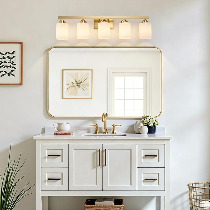 Bathroom Light Fixtures, Vanity Light Over Mirror Gold 5-Light Fixture | Modern bathroom vanity light fixture with metal frame, ideal for mirrors, bedrooms and hallways. Fits E26 bulbs.