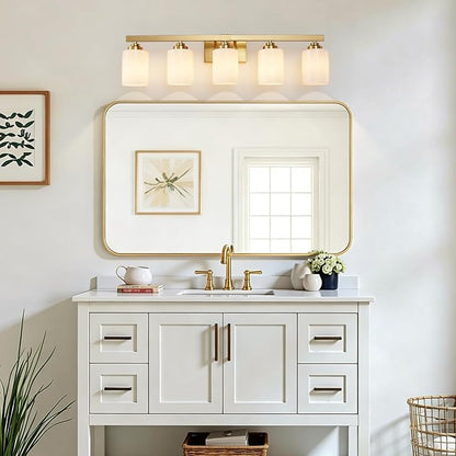 Bathroom Light Fixtures, Vanity Light Over Mirror Gold 5-Light Fixture | Modern bathroom vanity light fixture with metal frame, ideal for mirrors, bedrooms and hallways. Fits E26 bulbs.