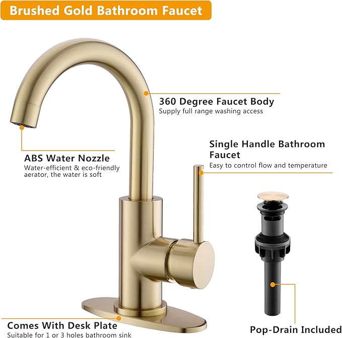 Gold Bathroom Faucets with Pop-Up Drain, Modern Single Hole Bathroom Sink Faucet with Deck Plate Single Handle Lavatory Faucets Brushed Gold Bar Vanity Faucet