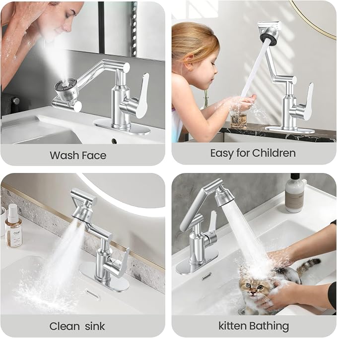 Stainless Steel Bathroom Sink Faucet, 1080° Rotatable, Silver | Fit 1 Hole Sink, 4 Water Outlet Modes, Three-stage Rotating Design, Flexible Adjustment, Anti-Rust, No Leakage, Single Handle