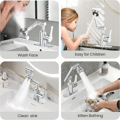 Stainless Steel Bathroom Sink Faucet, 1080° Rotatable, Silver | Fit 1 Hole Sink, 4 Water Outlet Modes, Three-stage Rotating Design, Flexible Adjustment, Anti-Rust, No Leakage, Single Handle