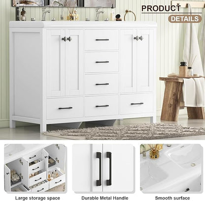 48" Bathroom Vanity with Sink Combo, Modern Bathroom Storage Cabinet with Double Sink Ceramic, 4 Doors and 5 Drawers, Space-Saving Storage Cabinet, White