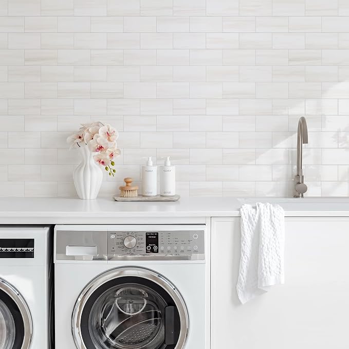 Vamos Tile 100-Piece Glossy Dolomite White Peel and Stick Backsplash Tile,3''x6'' PVC Subway Tile with White Grout, Stick on Backsplash for Kitchen/Bathroom/Fireplace