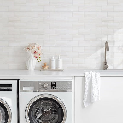 Vamos Tile 100-Piece Glossy Dolomite White Peel and Stick Backsplash Tile,3''x6'' PVC Subway Tile with White Grout, Stick on Backsplash for Kitchen/Bathroom/Fireplace