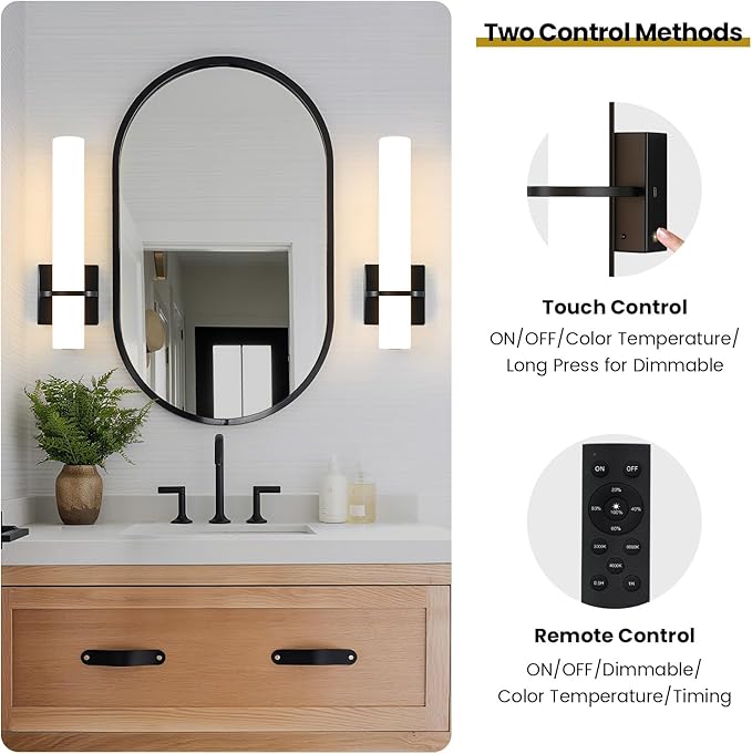 Black Battery Operated Wall Sconces Set of 2, 10000mAh Rechargeable Wireless Wall Sconce with Remote Control, 3000K-6000K Dimmable LED Wall Lights for Living Room Bedroom Hallway 15 Inch