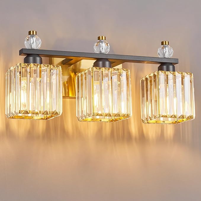 3-Light Modern Crystal Vanity Light - Black Gold Bathroom Light Fixtures Over Mirror