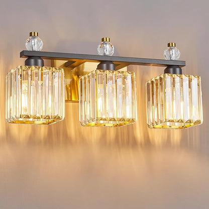 3-Light Modern Crystal Vanity Light - Black Gold Bathroom Light Fixtures Over Mirror