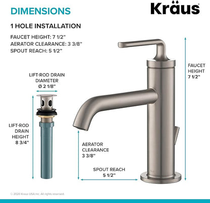 KRAUS Ramus Single Handle Bathroom Sink Faucet with Lift Rod Drain in Spot Free Stainless Steel, KBF-1221SFS-2PK