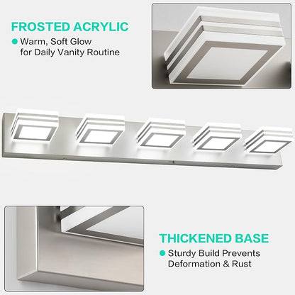 SOLFART LED Bathroom Lighting Fixtures - 5 Lights Modern Brushed Nickel Acrylic Vanity Lights for Mirror 32inch 24W 5CCT