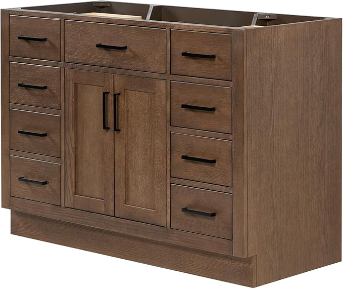 ARIEL Hepburn 48-inch Bathroom Vanity Base Cabinet,Solid Wood, 2 Soft Closing Doors, 9 Dovetail Drawers, Brown Oak