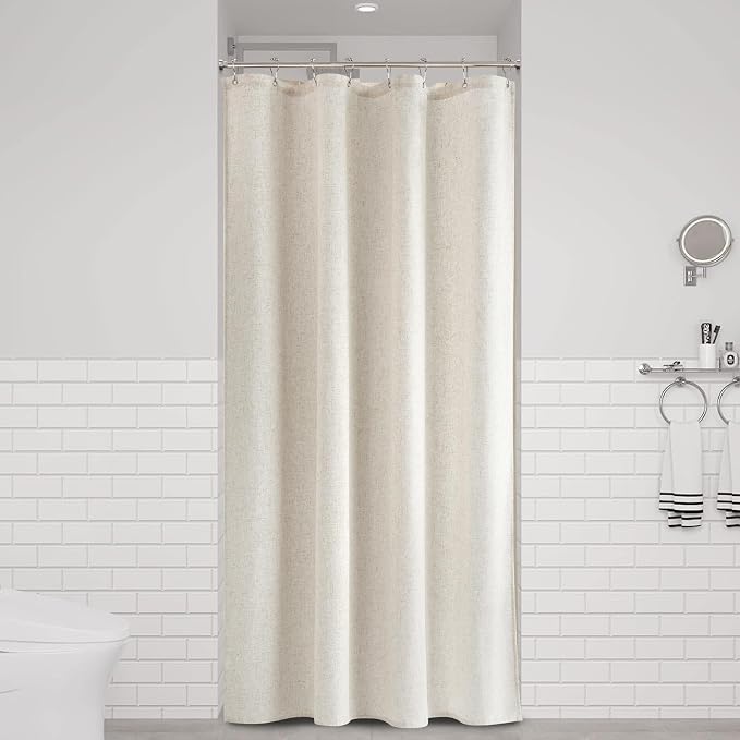 42 Inch Shower Curtain - Narrow Half Small Beige Linen Ultra Thick Fabric Shower Curtain Set with 6 Hooks, Natural Boho Farmhouse Rustic RV Camper Bath Curtains for Bathroom, Cream