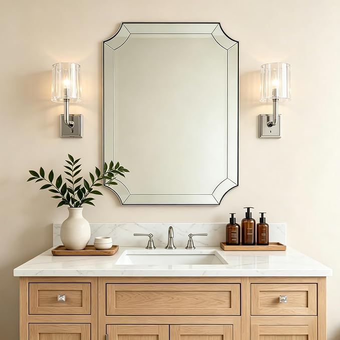 22"x30" Brushed Nickel Scalloped Mirrors for Bathroom Sink | Rust-Proof SUS304 Thin Frame, Delicate Tessellated Glass Design, Anti-Corrosion Silver-Backed Glass, Ideal for Home Deocr