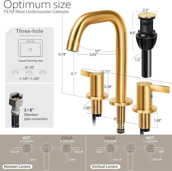 SOKA 8-16 Inch Widespread Bathroom Faucet 2 Handles Gold Commercial Sink Touch Faucets 3 Pieces Vanity Restroom Lavatory 360 Degree Rotating Faucet with Pop Up Drain Assembly,Gold - L
