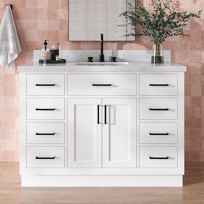 Isabella 48-Inch Bathroom Vanity with Sink — White Single Sink Bathroom Vanity, 1.5" Edge Italian Carrara Marble Top, Solid Wood, 2 Soft-Close Doors, 8 Dovetail Drawers + Tilt Drawer