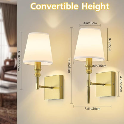 Hardwired Gold Wall Sconces Set of Two, Rustic Bathroom Vanity Lights with White Fabric Shades, Vintage Light Fixtures Convertible Height Wall Light for Living Room Bedroom,Farmhouse,E12 Base