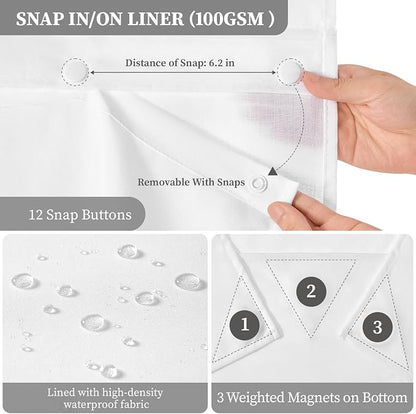 48x75 Ringless Linen Textured Shower Curtain with Snap in Liner, White | Stall Size, 3 in 1 Shower Curtain Set, Removable Liner, Waterproof & Washable, Mesh Top Window, Durable Fabric, Easy Setup