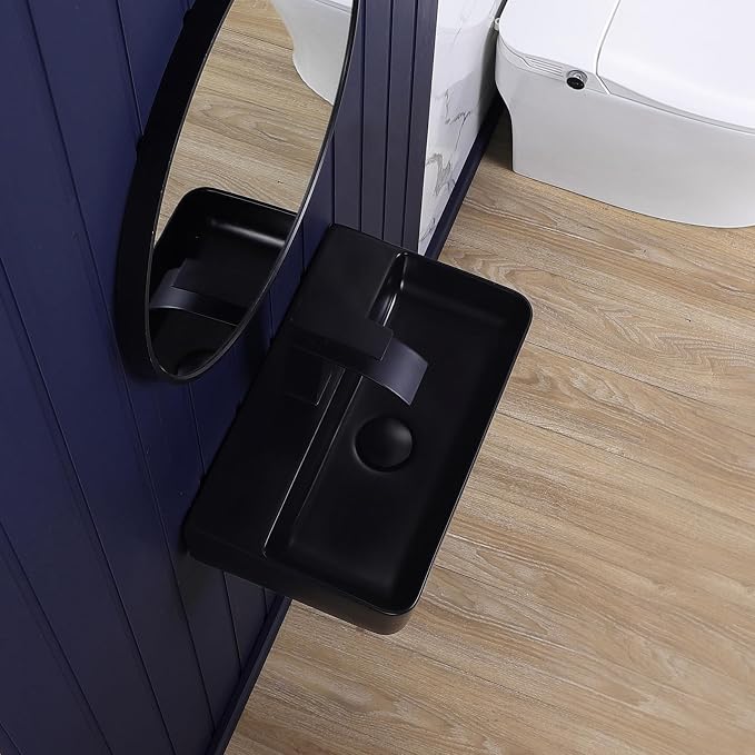 Wall Mount Bathroom Vessel Sink Matte Black 17.7"x11" Rectangular Floating Porcelain Ceramic Black Wall Hung Vanity Basin Sink for Home,RV,Bathroom