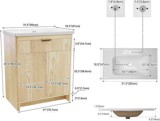 32 Inch Bathroom Vanity with Sink, Bathroom Cabinet Vanity for Small Space, Freestanding Storage Bathroom Vanity with 2 Soft Closing Cabinets, Nature Wood
