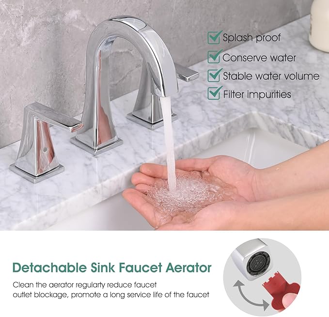 Bathroom Faucets for Sink, 2 Handle Widespread Bathroom Sink Faucet, 3 Hole Modern Stainless Steel Faucet with Pop-up Drain and Water Supply Lines, Chrome