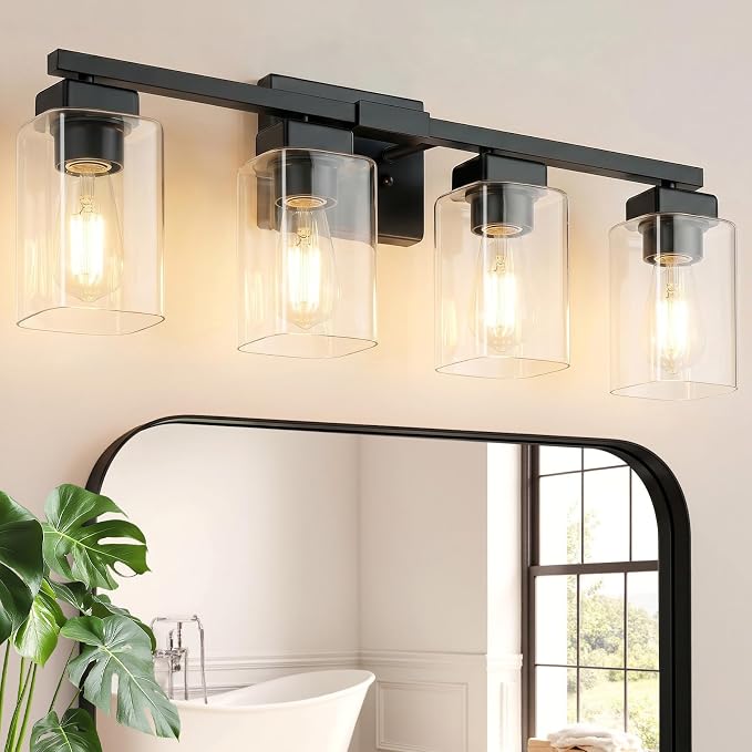 27” Bathroom Light Fixtures Over Mirror,4-Light Black Vanity Light | Square Clear Glass & Durable Metal, Quick & Easy Installation, Standard E26 Socket, Bright Bathroom Lighting