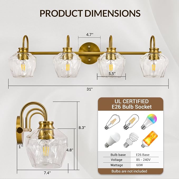 Brushed Gold Vanity Light, 4 Light Bathroom Light Fixtures with Clear Diamond-Shape Hammered Glass, Brass Vintage Ripple Wall Lights for Hallway, Bedroom, Anti-Rust, E26 Base (No Bulbs)