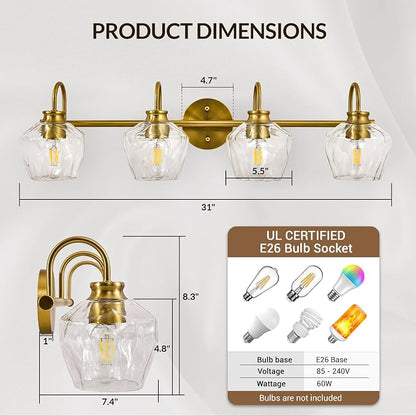 Brushed Gold Vanity Light, 4 Light Bathroom Light Fixtures with Clear Diamond-Shape Hammered Glass, Brass Vintage Ripple Wall Lights for Hallway, Bedroom, Anti-Rust, E26 Base (No Bulbs)