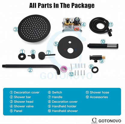 gotonovo Shower System 10 Inch Round Rainfall Showerhead Wall Mounted High Pressure Shower Faucet Set Fixture Combo with Rough in Valve and Cylindrical Handheld Spray, Matte Black
