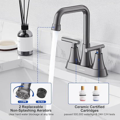 Bathroom Sink Faucet, Hurran Brushed Grey Bathroom Faucets for Sink 3 Hole with Pop-up Drain and Supply Hoses, 360 Swivel Spout 2-Handle Centerset Faucet for Vanity RV Farmhouse