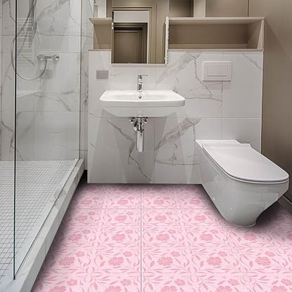 Pink Sparkle Floral Peel and Stick Floor Tiles 12x12 Inch 10PCS | Pink floral pattern with a printed sparkle look vinyl floor stickers for kitchen bathroom entryway and indoor home decor