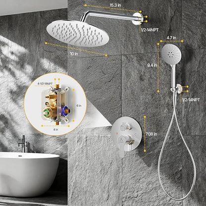 Shower Faucet Set 10IN Brass Rough-In Valve Body Trim Kit Rainfall Included Handle Accessories Complete 2 Functions with Rain Head and Handheld Bathroom Systems (10'', Chrome Polished)