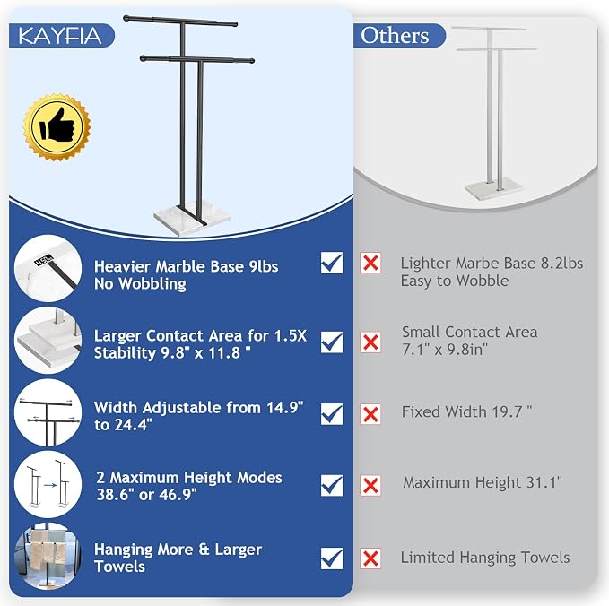 Kayfia 40'' Stainless Steel Towel Rack, Weighted Marble Base, 2 Tier | Width Adjustable Taller Design, Brushed Stainless Steel , Stable Weighted Base, Suitable For Multiple Bathroom Spaces, Black