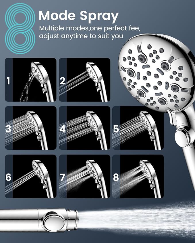 Shower Head with Handhled High Pressure Hand held Showerhead | 9 Modes, ON/OFF Switch Shower Heads with 71" Long Hose Built-in Power Wash, Bracket, Adhesive Shower Holder for Lower Mount