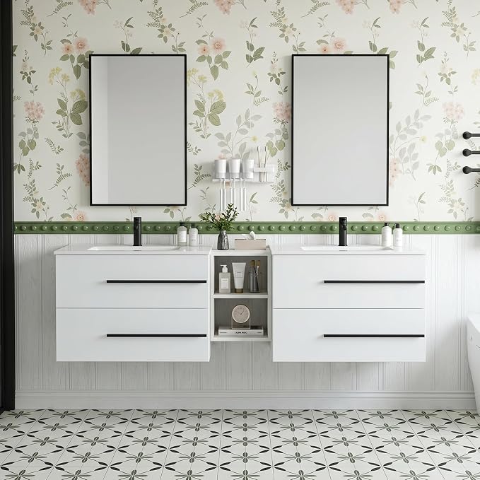 72 Inch Floating Double Sink Bathroom Vanity, Modern Bathroom Vanity with Double Sink, Wall Mounted Bathroom Vanity Cabinet with Large Storage Drawers,Open Storage Shelf, White