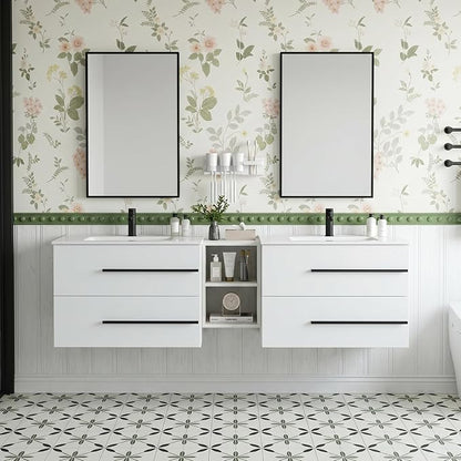 72 Inch Floating Double Sink Bathroom Vanity, Modern Bathroom Vanity with Double Sink, Wall Mounted Bathroom Vanity Cabinet with Large Storage Drawers,Open Storage Shelf, White