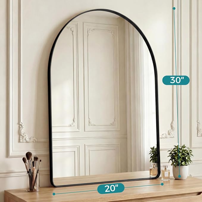 OLIXIS 30x20 Inch Arched Bathroom Wall Mirror, Rounded Rectangle, Black | Modern Wall Mount Vanity Mirror for Over Sink with Matte Metal Deep Framed, for Home Decor, Living Room