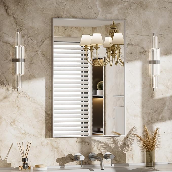 MZON 20" x 30" Brushed Nickel Bathroom Vanity Mirror, Mirror for Over Sink | Aluminum Alloy Frame, Clear Reflection, Rust-Resistant, Vertical or Horizontal, Wall Mount, Bedroom and Entryway